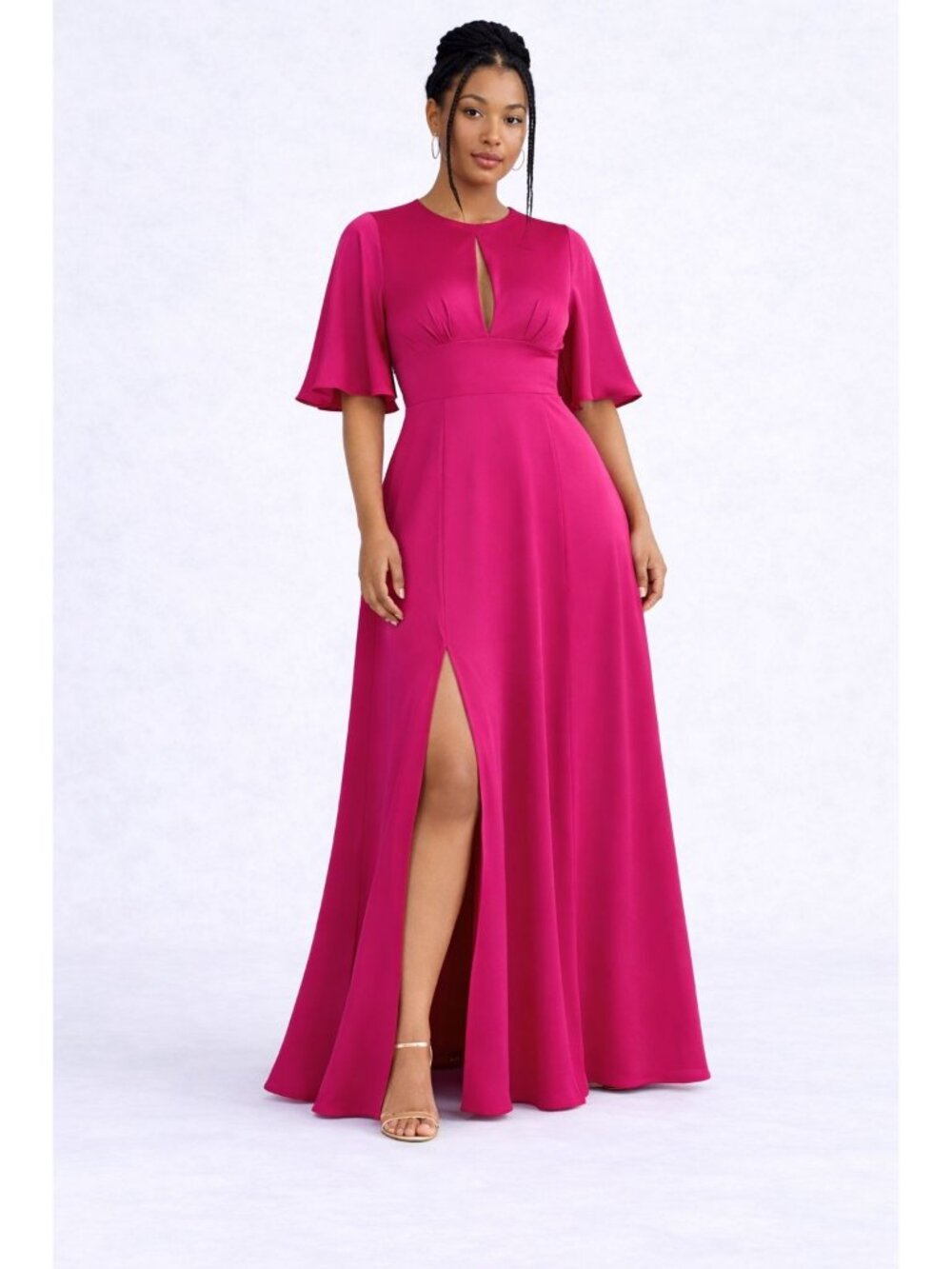 Fame and Partners Magenta Evening Gown Keyhole Flutter Sleeve Size 18